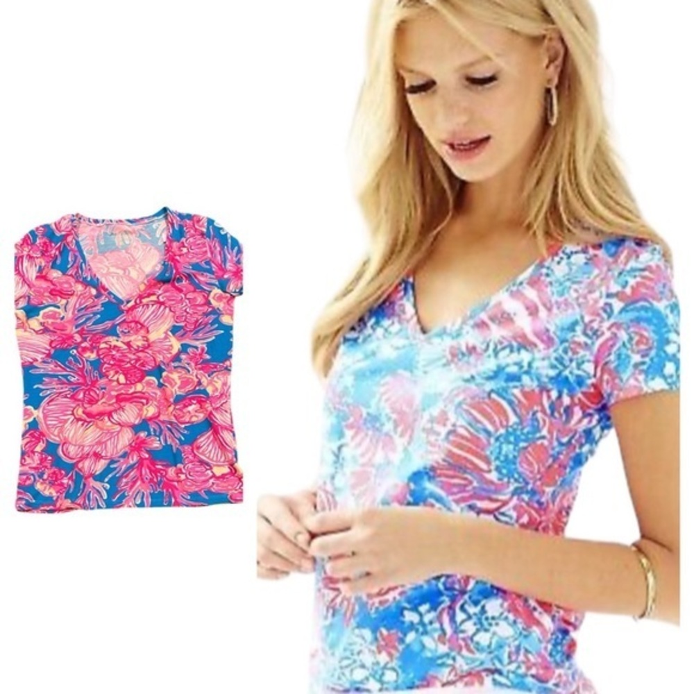 LILLY PULITZER MICHELLE CAP SLEEVE VNECK TSHIRT COTTON STRETCHY PINK BLUE TOP S
